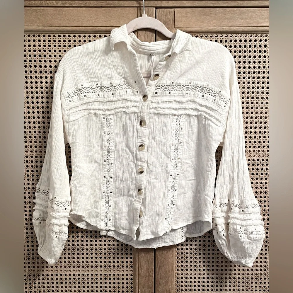 Free People Embroidered Summer Stars Ranch Style Button-Up Ivory Gauze Top XS